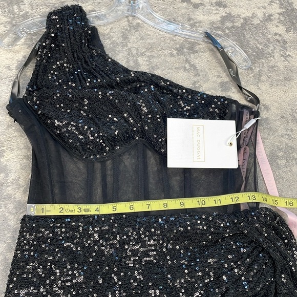 NWT Mac Duggal One Shoulder Sheer Bustier Side Drape Sequin Dress Mini Black 8 - Picture 14 of 16